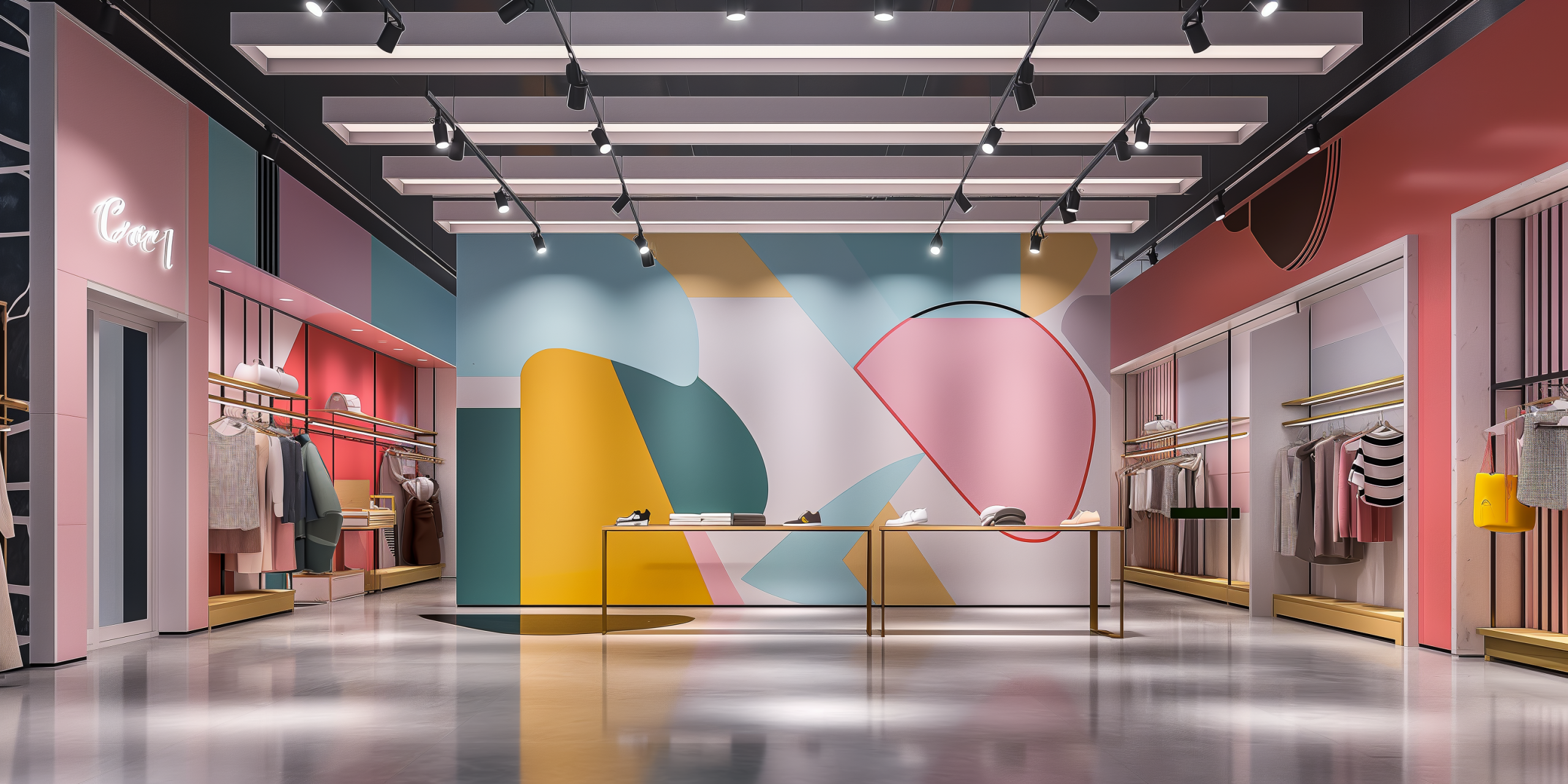 Mural abstracto con formas geométricas en tienda de ropa